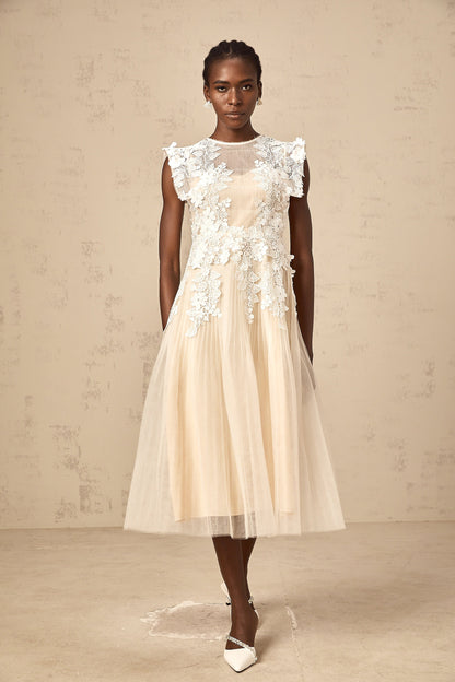 Annabelle flower-appliqué tulle midi dress