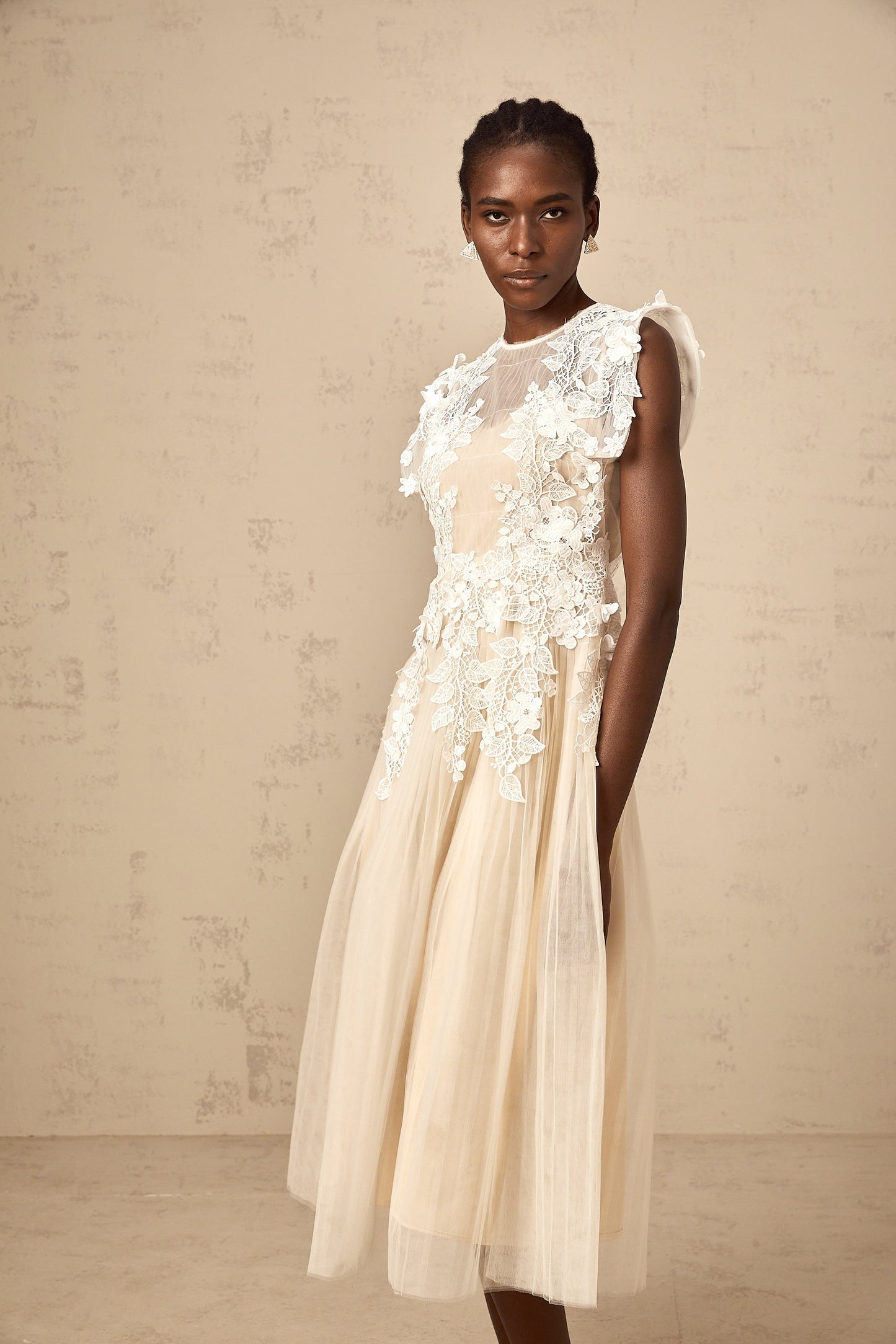 Annabelle flower-appliqué tulle midi dress