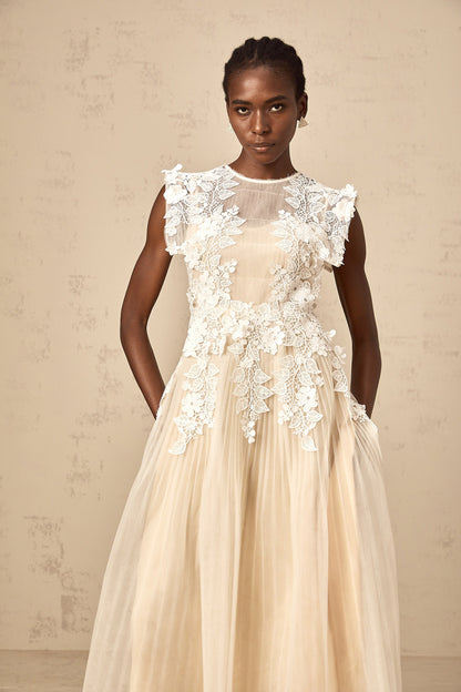 Annabelle flower-appliqué tulle midi dress