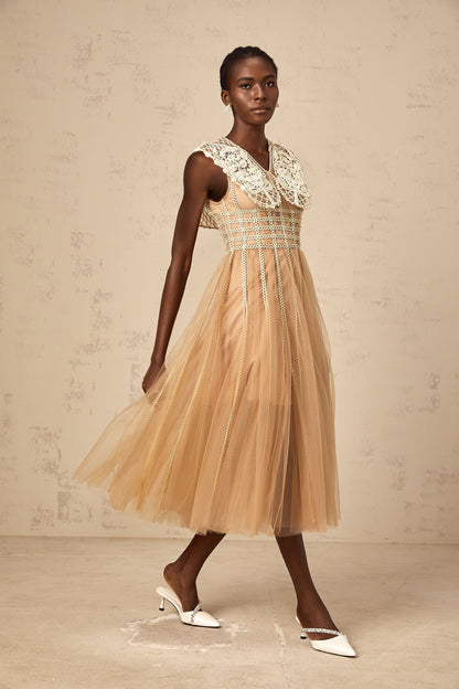 Léonor neutrals lace-panel tulle midi dress
