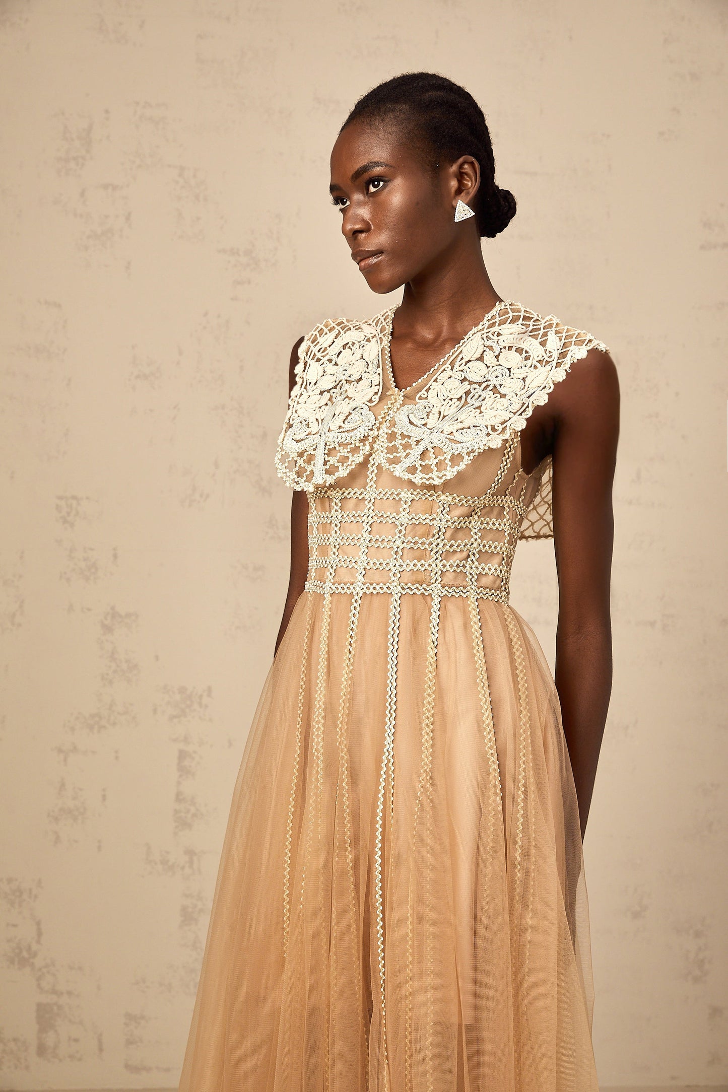 Léonor neutrals lace-panel tulle midi dress
