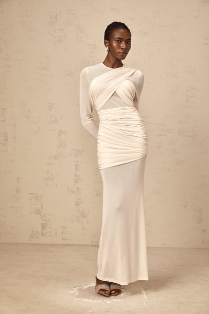 Véronique white ruched tulle maxi dress