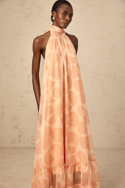 Clémence coral-pink halterneck pattern-print maxi dress