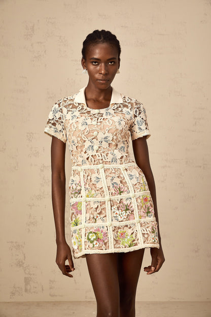 Françoise flower-embroidered mini dress in Neutrals