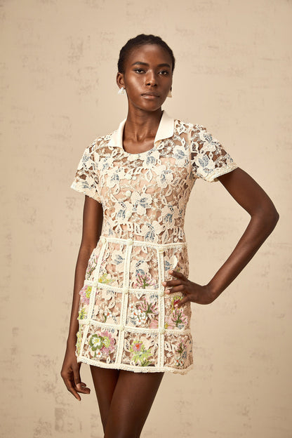 Françoise flower-embroidered mini dress in Neutrals