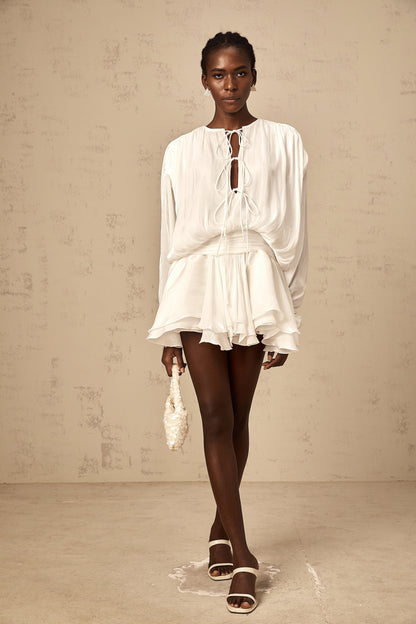 Mahault white pleated glitter-effect mini dress