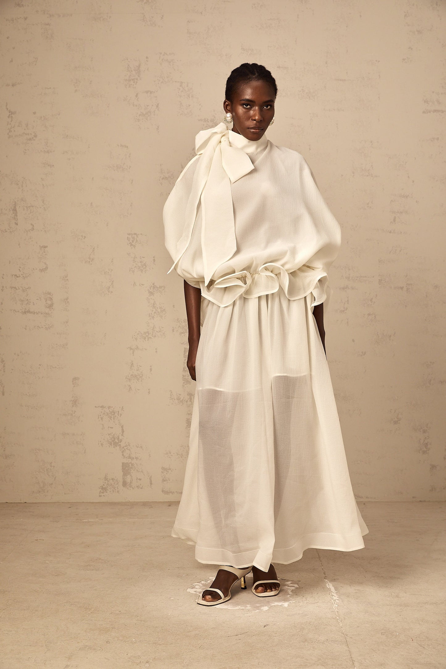 Honorine white tie-neck ruffled maxi dress