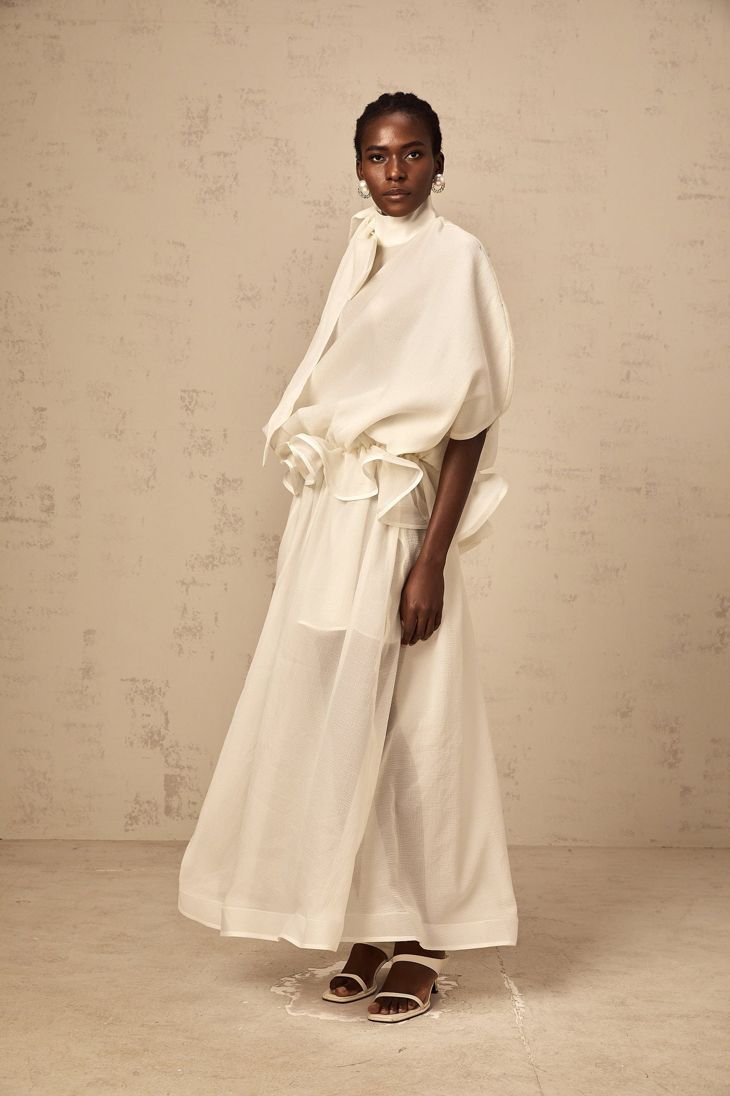 Honorine white tie-neck ruffled maxi dress