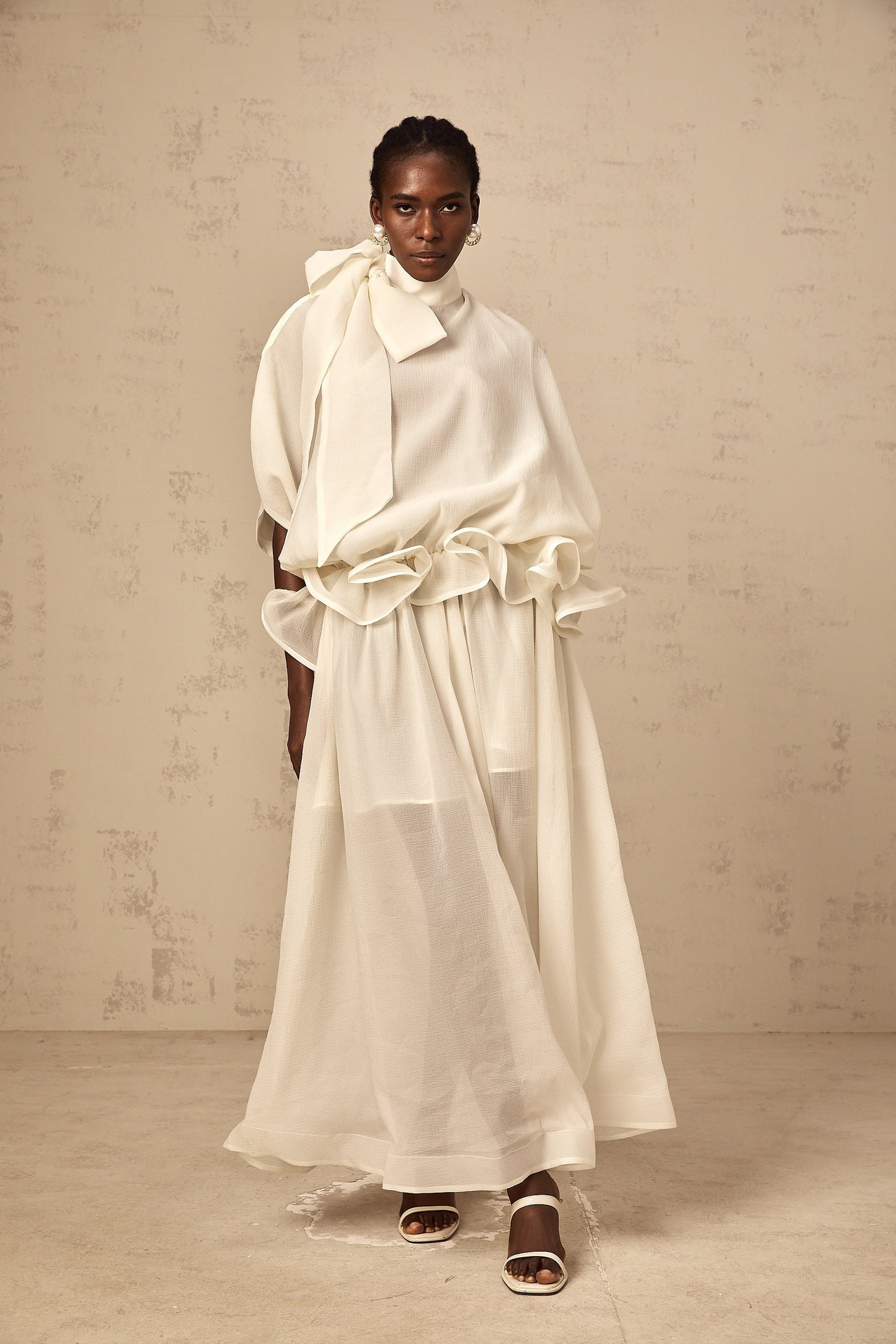 Honorine white tie-neck ruffled maxi dress