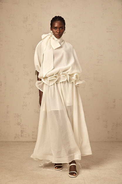 Honorine white tie-neck ruffled maxi dress
