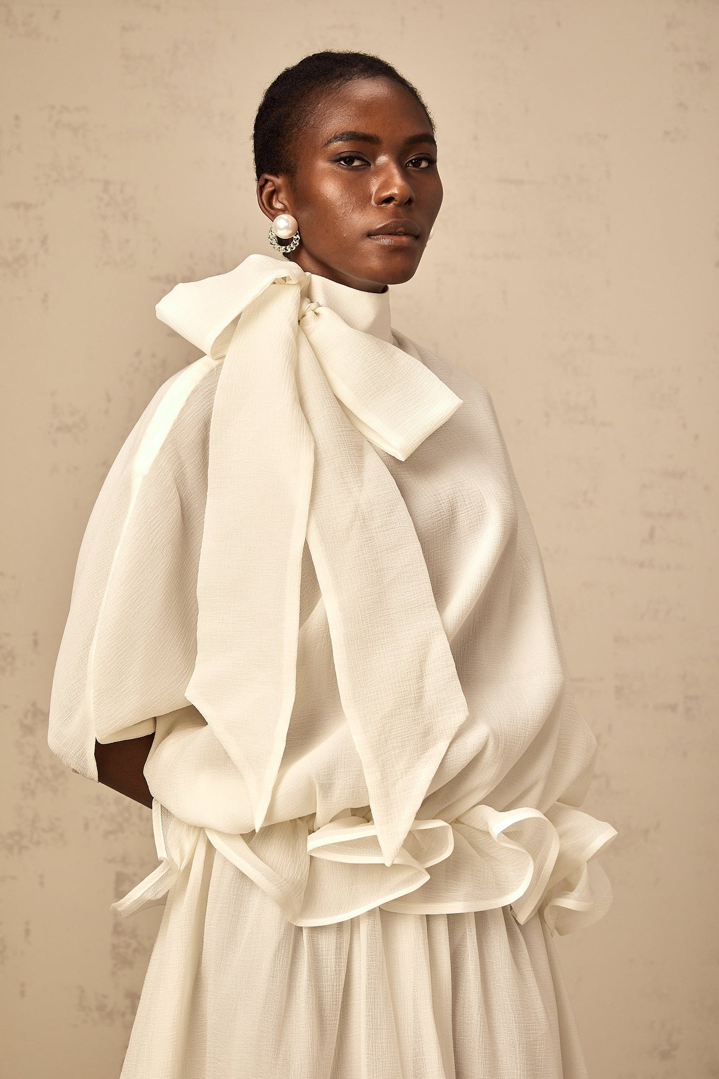 Honorine white tie-neck ruffled maxi dress