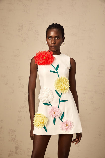 Véronique white 3d-petal sleeveless mini dress