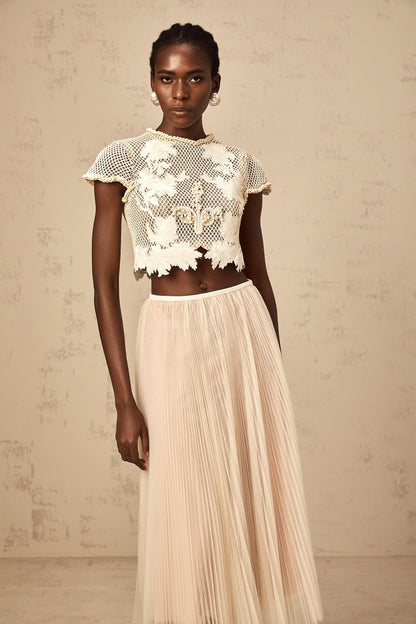 Perle neutrals floral-appliqué top & skirt matching set