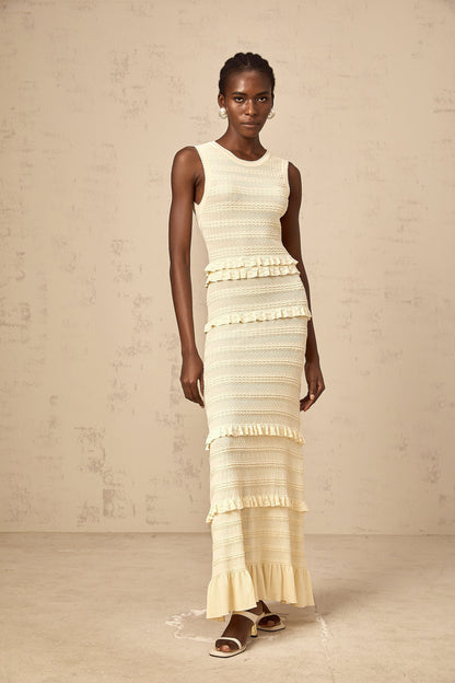 Airelle beige ruffled sleeveless knit maxi dress