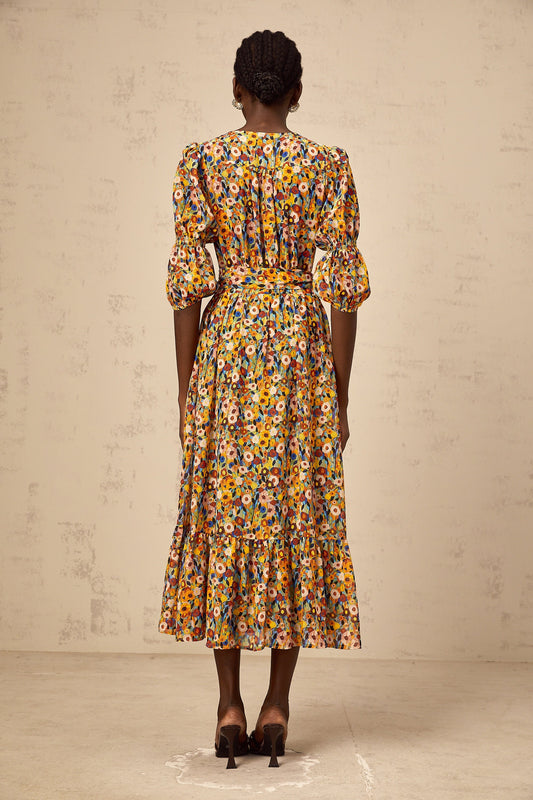Éliane yellow V-neck floral-print midi dress