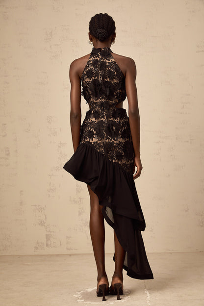 Bernadette black floral-appliqué asymmetrical midi dress