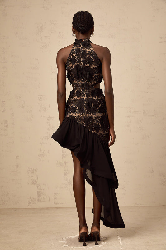 Bernadette black floral-appliqué asymmetrical midi dress