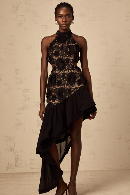 Bernadette black floral-appliqué asymmetrical midi dress