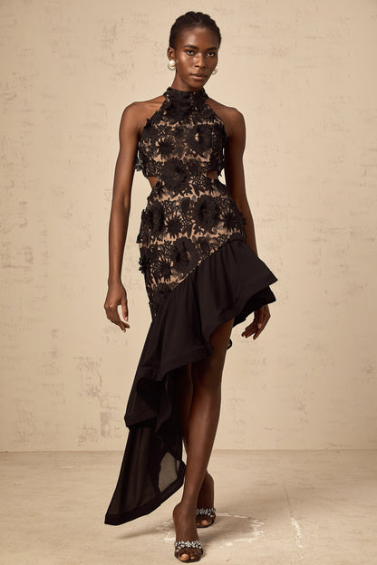 Bernadette black floral-appliqué asymmetrical midi dress