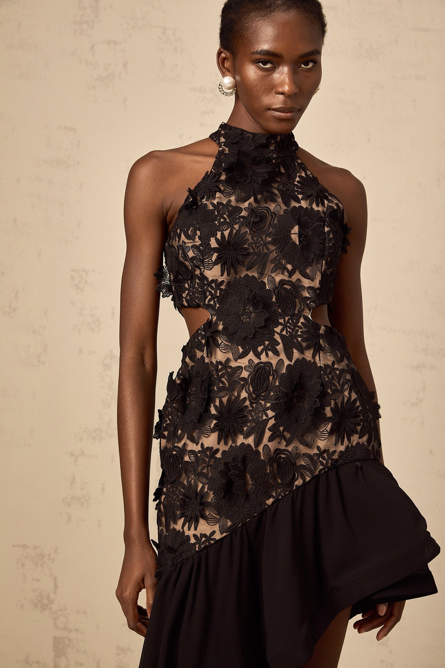 Bernadette black floral-appliqué asymmetrical midi dress
