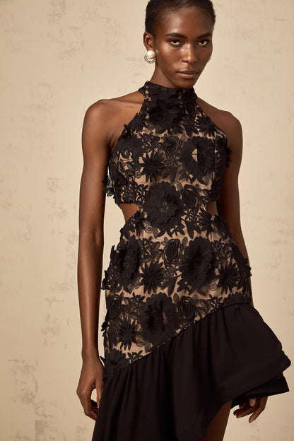 Bernadette black floral-appliqué asymmetrical midi dress