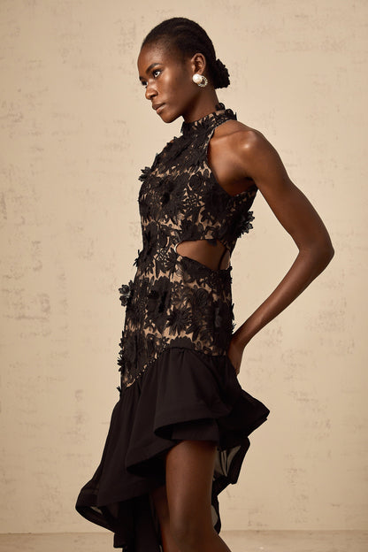 Bernadette black floral-appliqué asymmetrical midi dress