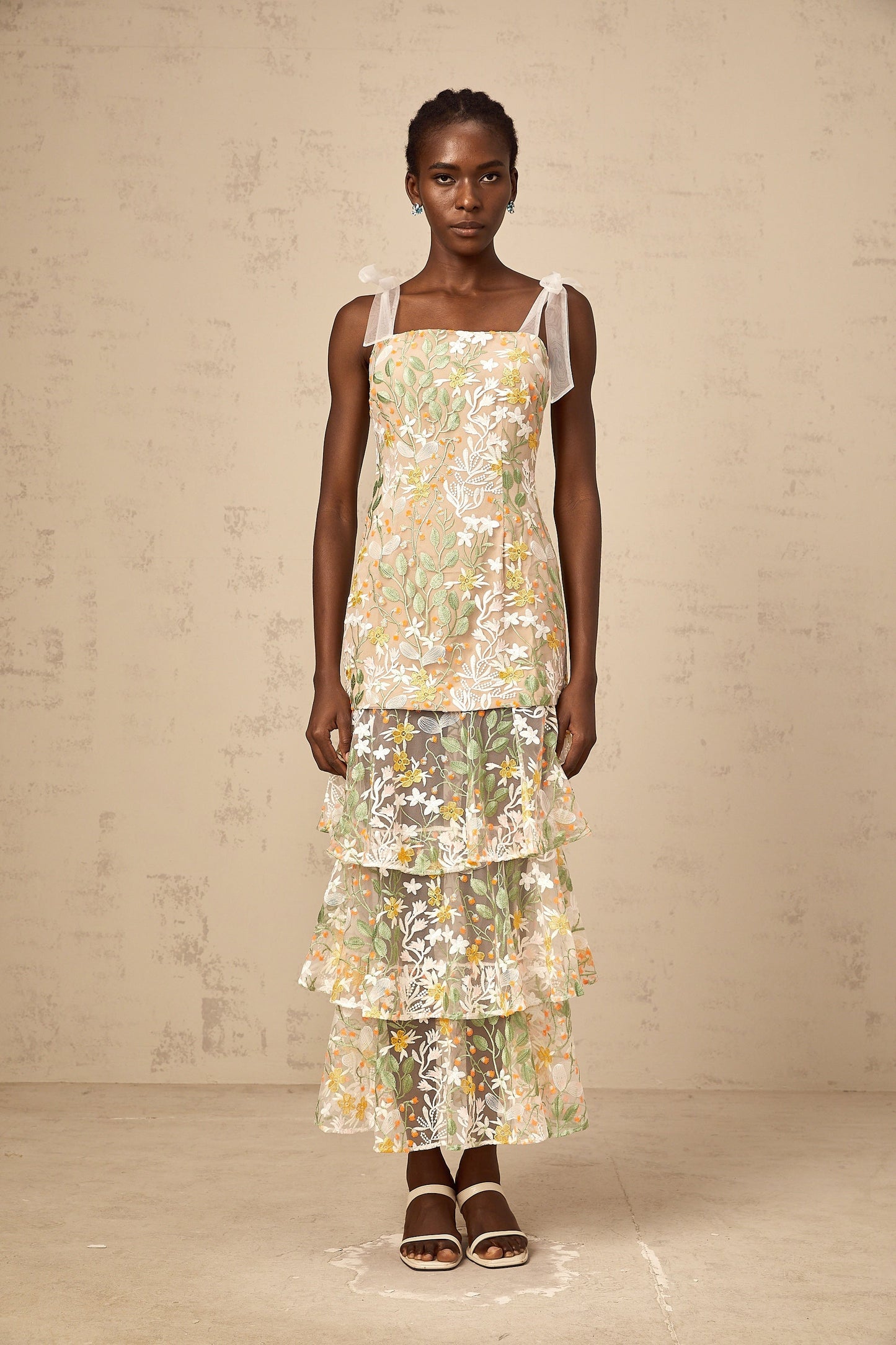 Bérénice white flower-embroidered tiered midi dress
