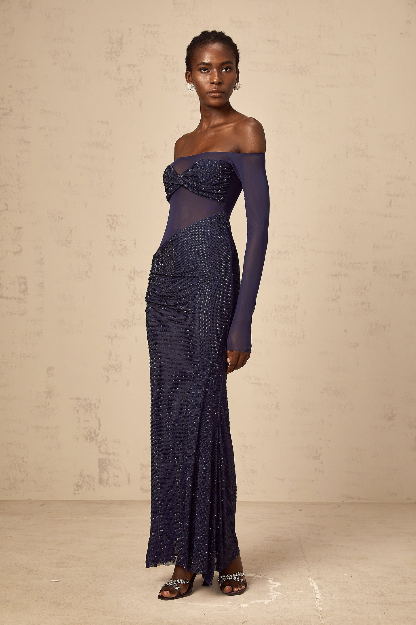 Hermine dark-blue embellished tulle-panel corset maxi dress