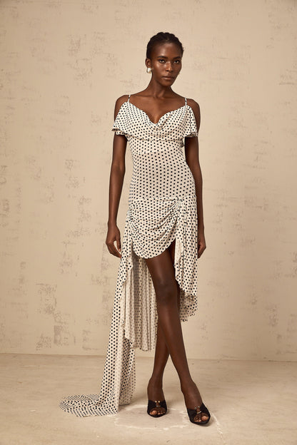 Véronica white polka-dot asymmetrical midi dress