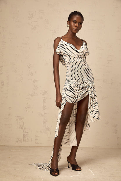 Véronica white polka-dot asymmetrical midi dress