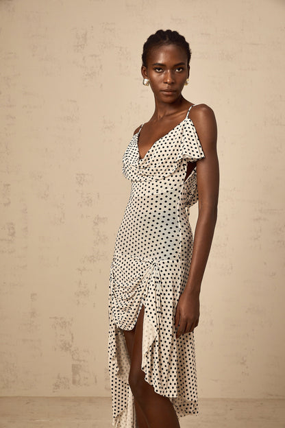 Véronica white polka-dot asymmetrical midi dress
