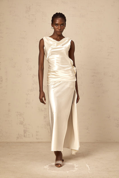 Théoline white flower backless satin midi dress