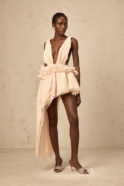 Isoline ribbon-design asymmetrical mini dress in Neutrals