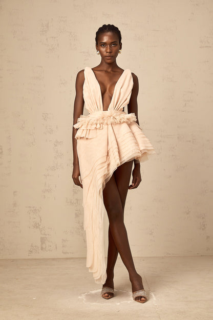Isoline ribbon-design asymmetrical mini dress in Neutrals
