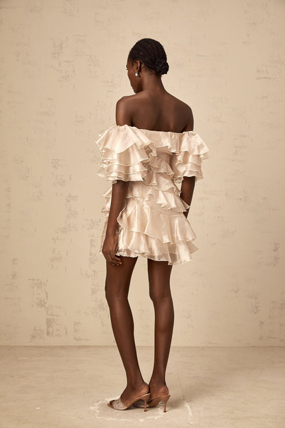 Cerise asymmetrical flounce mini dress in Neutrals