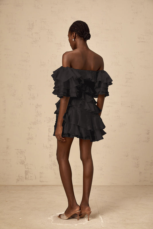 Cerise asymmetrical flounce mini dress in Black