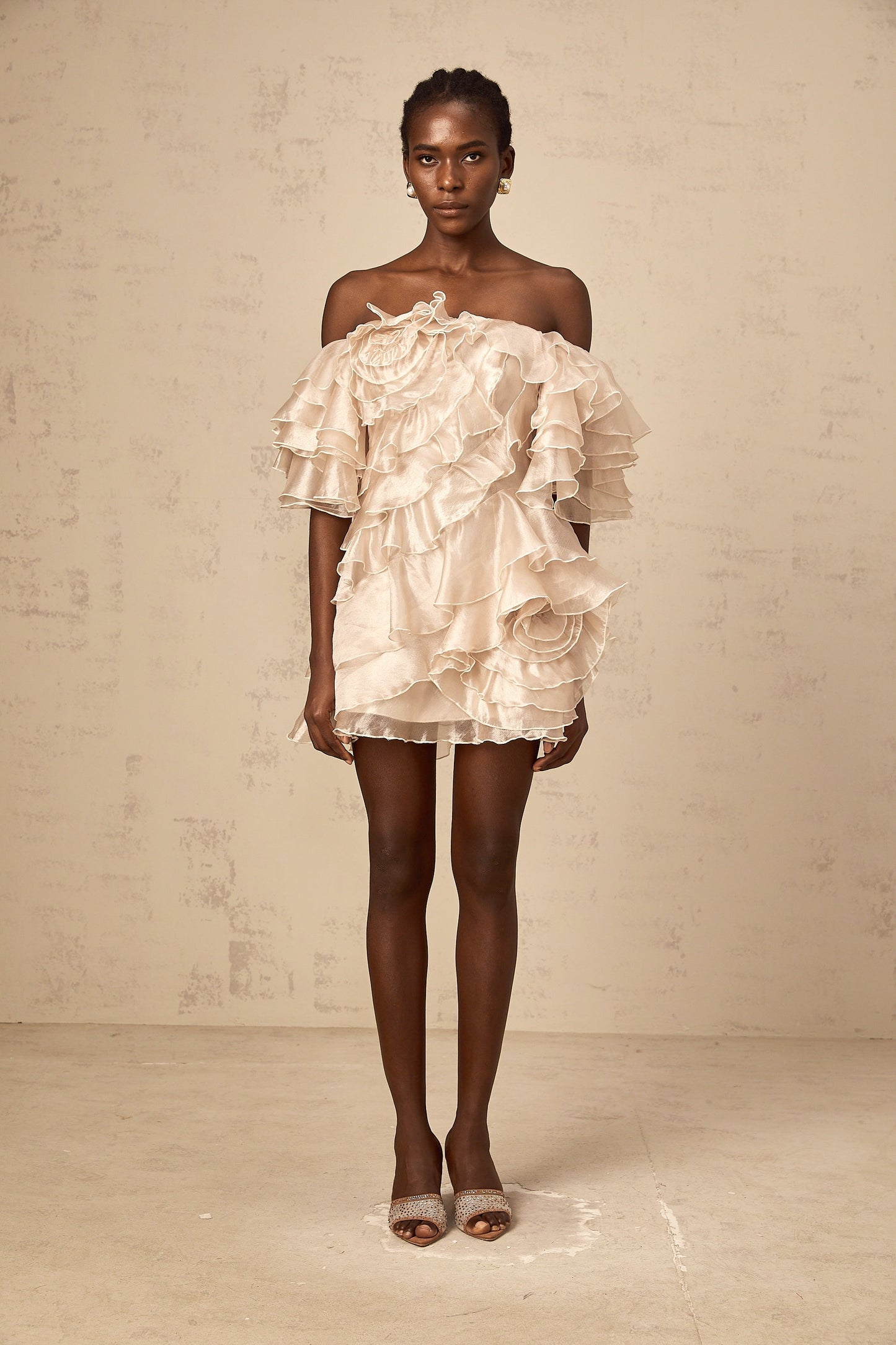 Cerise asymmetrical flounce mini dress in Neutrals