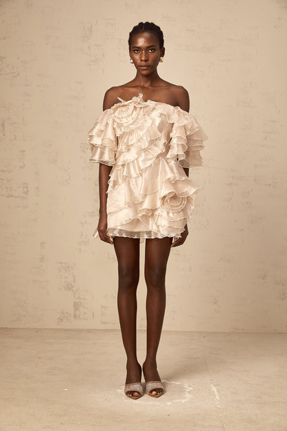 Cerise asymmetrical flounce mini dress in Neutrals