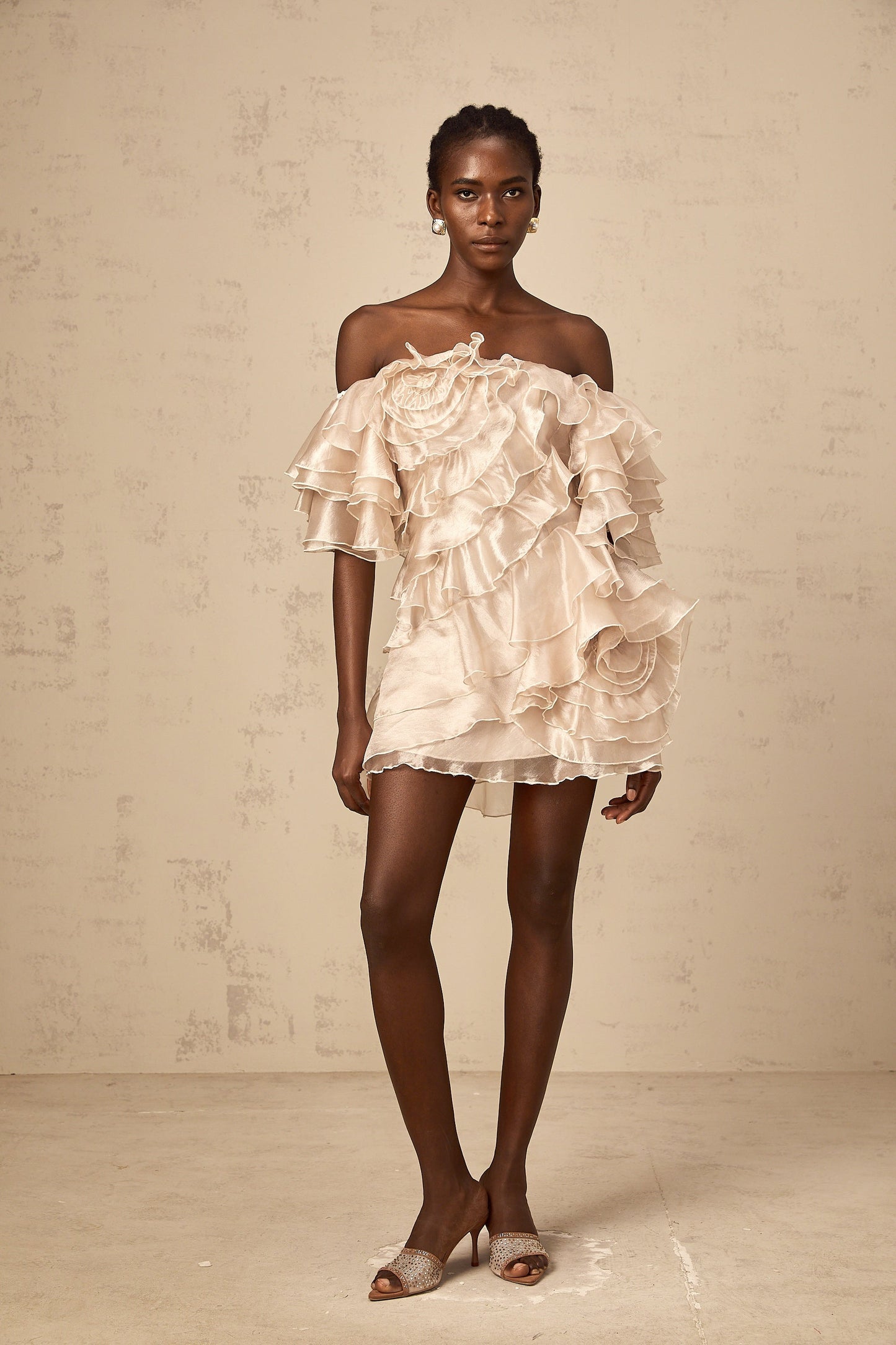 Cerise asymmetrical flounce mini dress in Neutrals