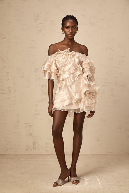 Cerise asymmetrical flounce mini dress in Neutrals