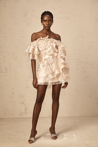 Cerise asymmetrical flounce mini dress in Neutrals