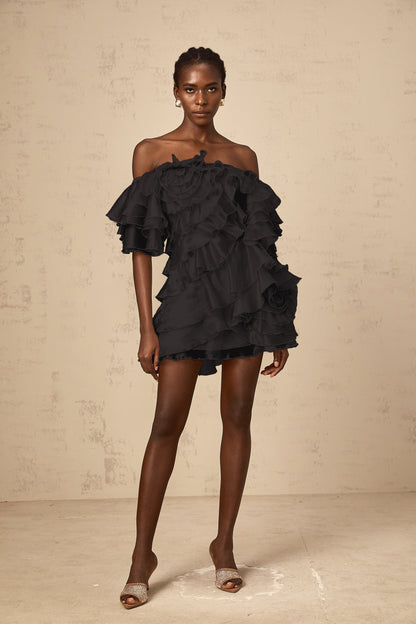 Cerise asymmetrical flounce mini dress in Black