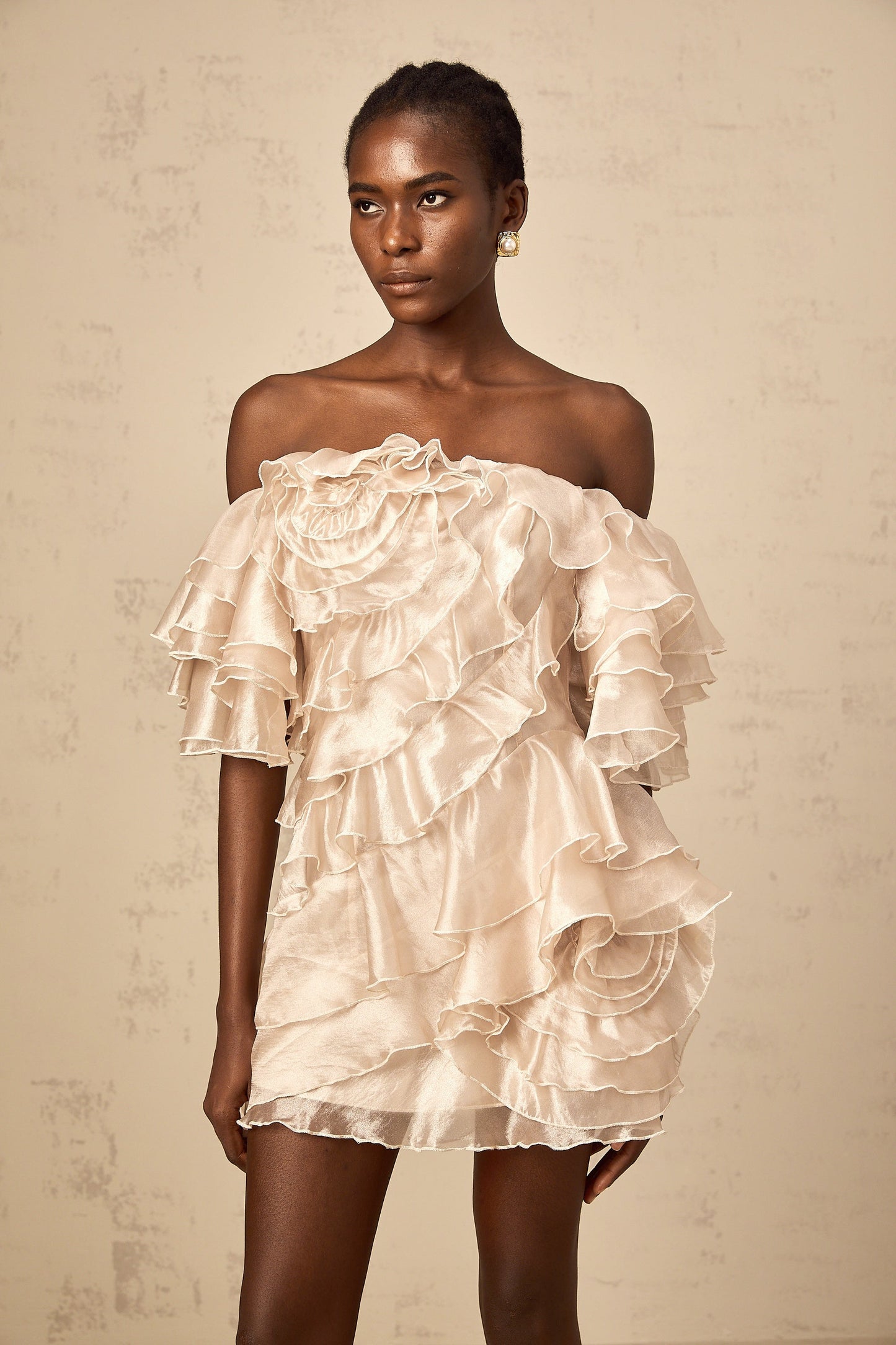 Cerise asymmetrical flounce mini dress in Neutrals