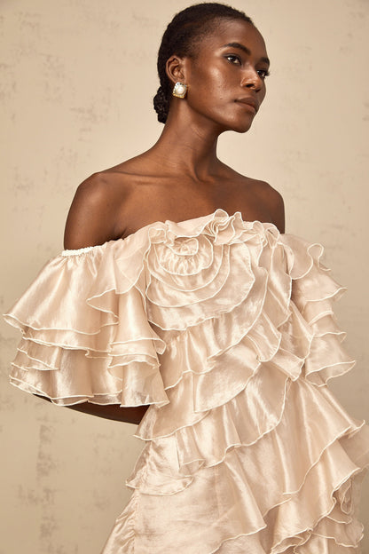 Cerise asymmetrical flounce mini dress in Neutrals