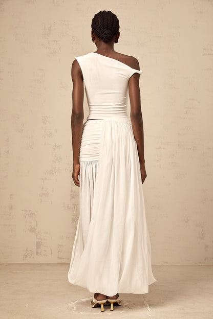 Eugenie mono-shoulder shirred-panel maxi dress in White