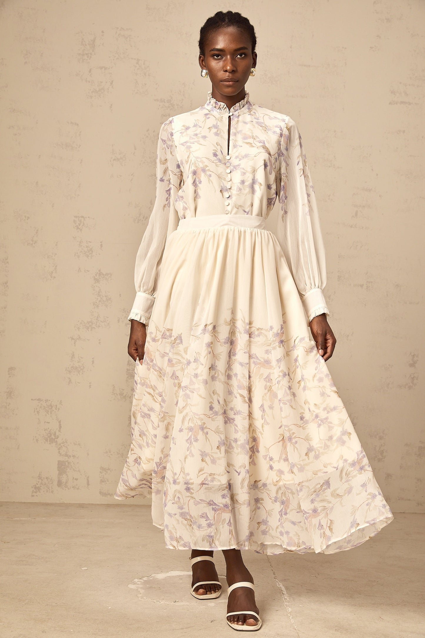 Siena frilled wistaria-print shirt & skirt matching set