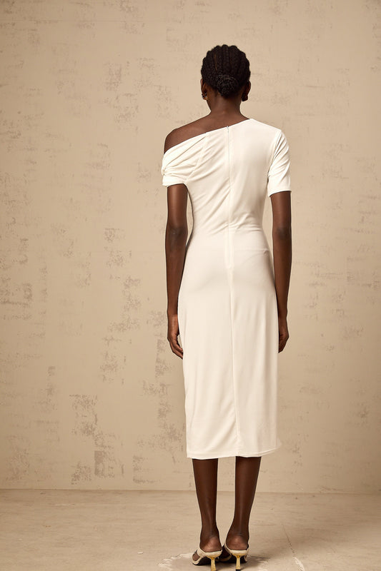 Béryl white asymmetrical buckle midi dress