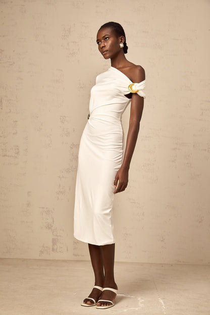 Béryl white asymmetrical buckle midi dress