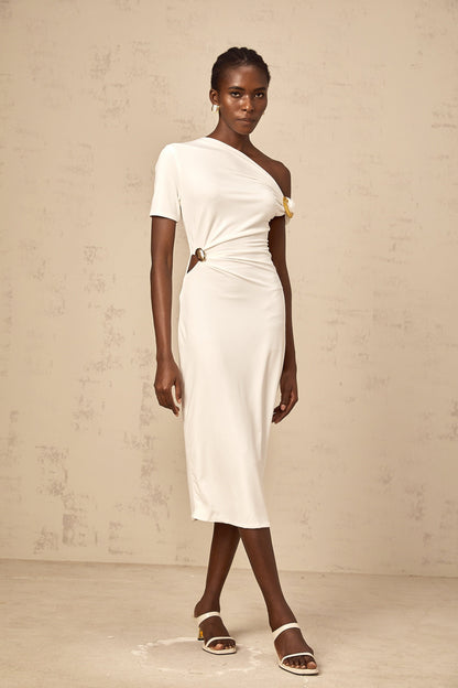 Béryl white asymmetrical buckle midi dress