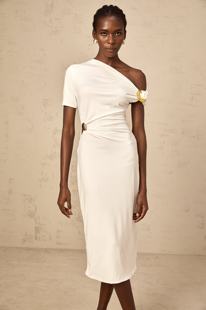 Béryl white asymmetrical buckle midi dress